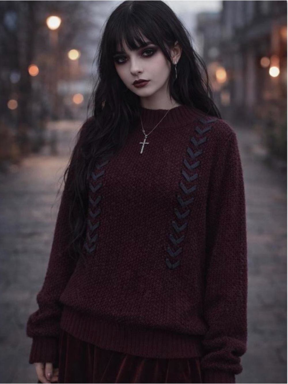 Burgundy Chunky Knit Lace-Up Sweater | Gothic Dark Academia Cozy